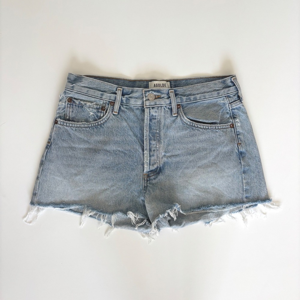 Agolde Parker Denim Shorts Womens 27 28 Light Blue Distressed Raw Hem Organic